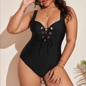 Plus Lace-Up Front One Piece Swimsuit